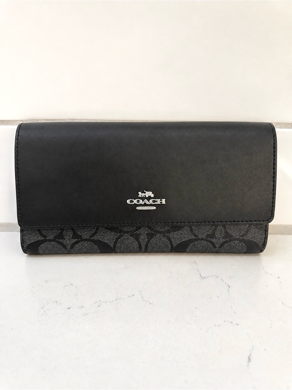 Coach Signature Black Canvas Leather Slim Trifold Long Wallet Silver Hardware